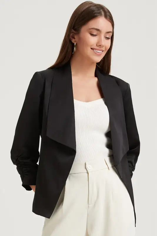 Apricot solid lapel collar satin blazer - blazers