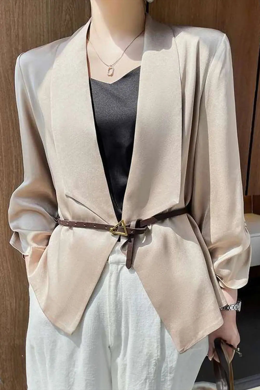 Apricot solid lapel collar satin blazer - outerwear