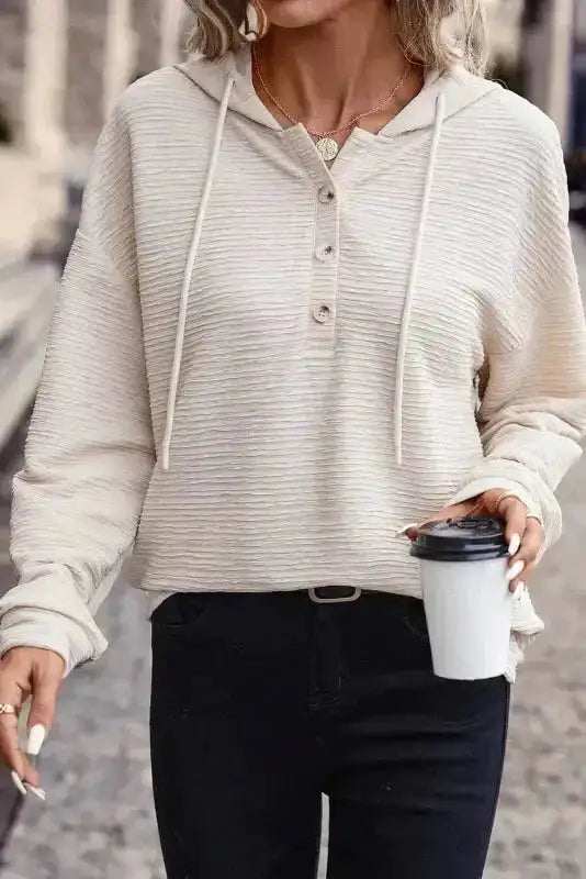 Apricot Solid Textured Drawstring Henley Hoodie - Fashionfitz