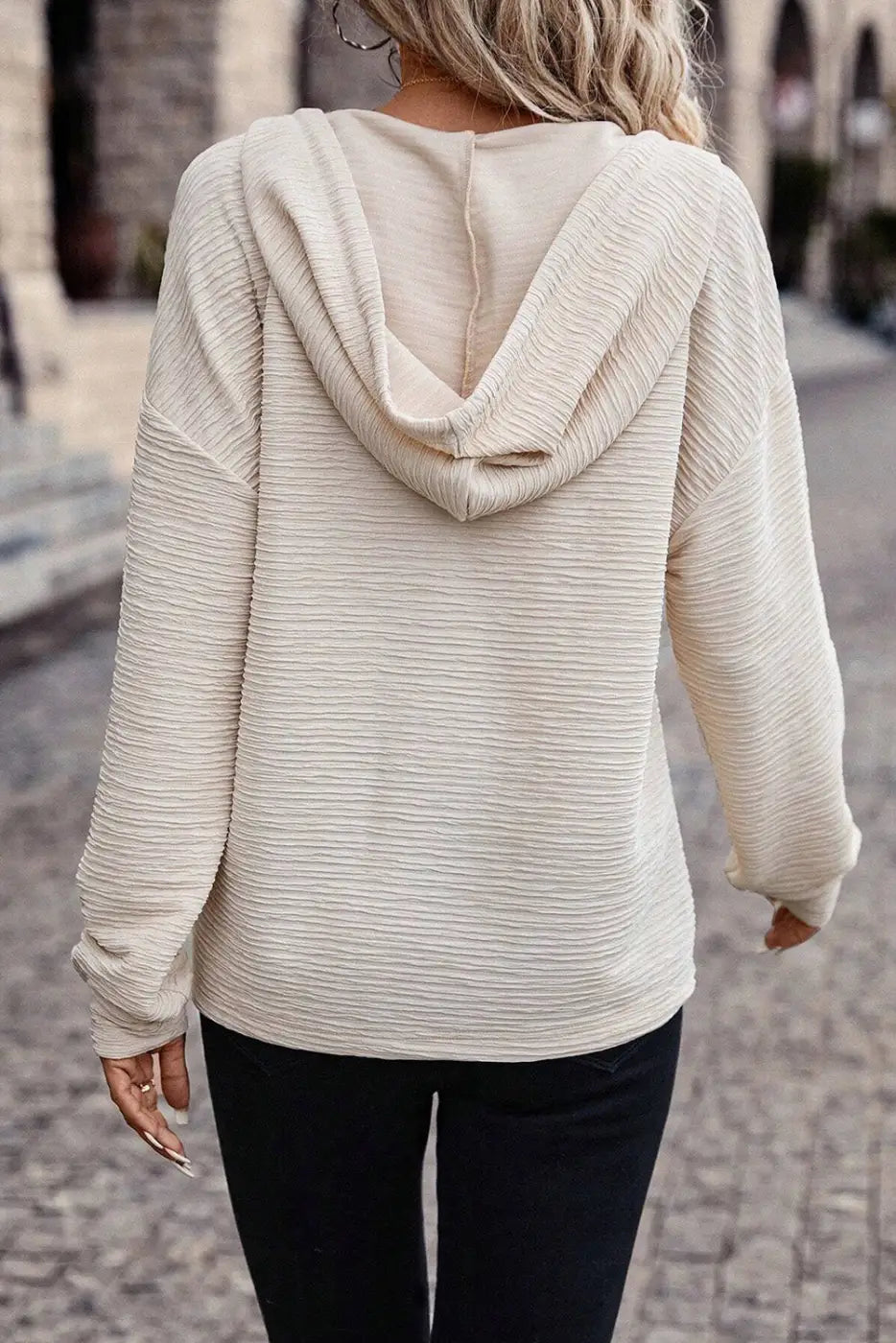 Apricot solid textured drawstring henley hoodie - tops