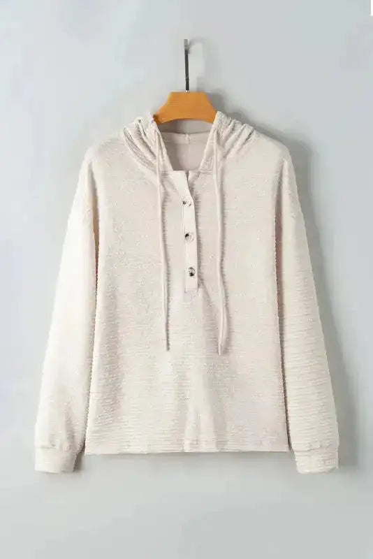 Apricot Solid Textured Drawstring Henley Hoodie - Fashionfitz