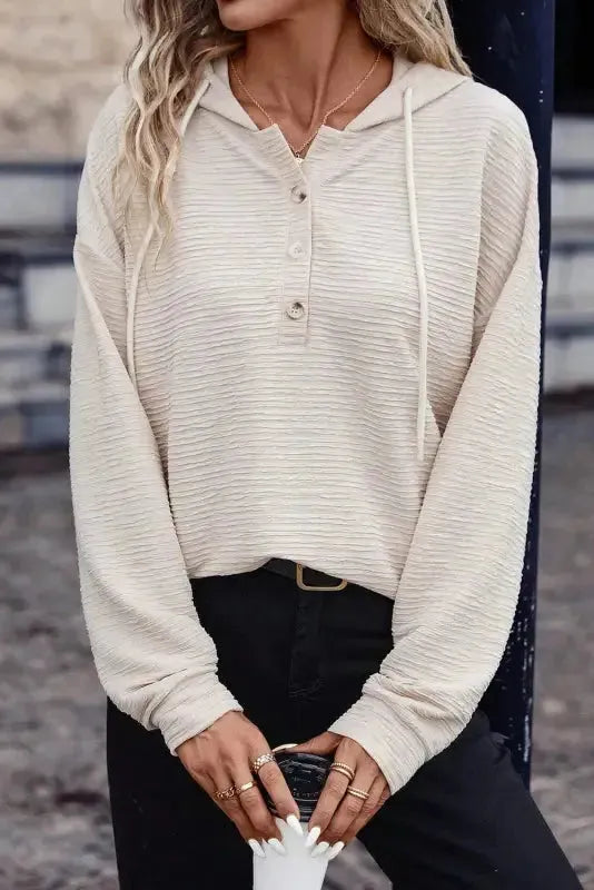 Apricot Solid Textured Drawstring Henley Hoodie - Fashionfitz