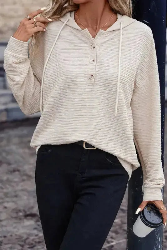Apricot Solid Textured Drawstring Henley Hoodie - Fashionfitz