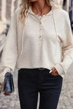 Apricot Solid Textured Drawstring Henley Hoodie - Fashionfitz