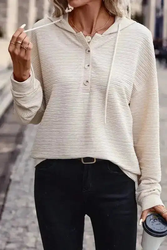 Apricot Solid Textured Drawstring Henley Hoodie - Fashionfitz