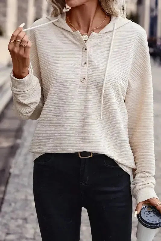 Apricot Solid Textured Drawstring Henley Hoodie - Fashionfitz