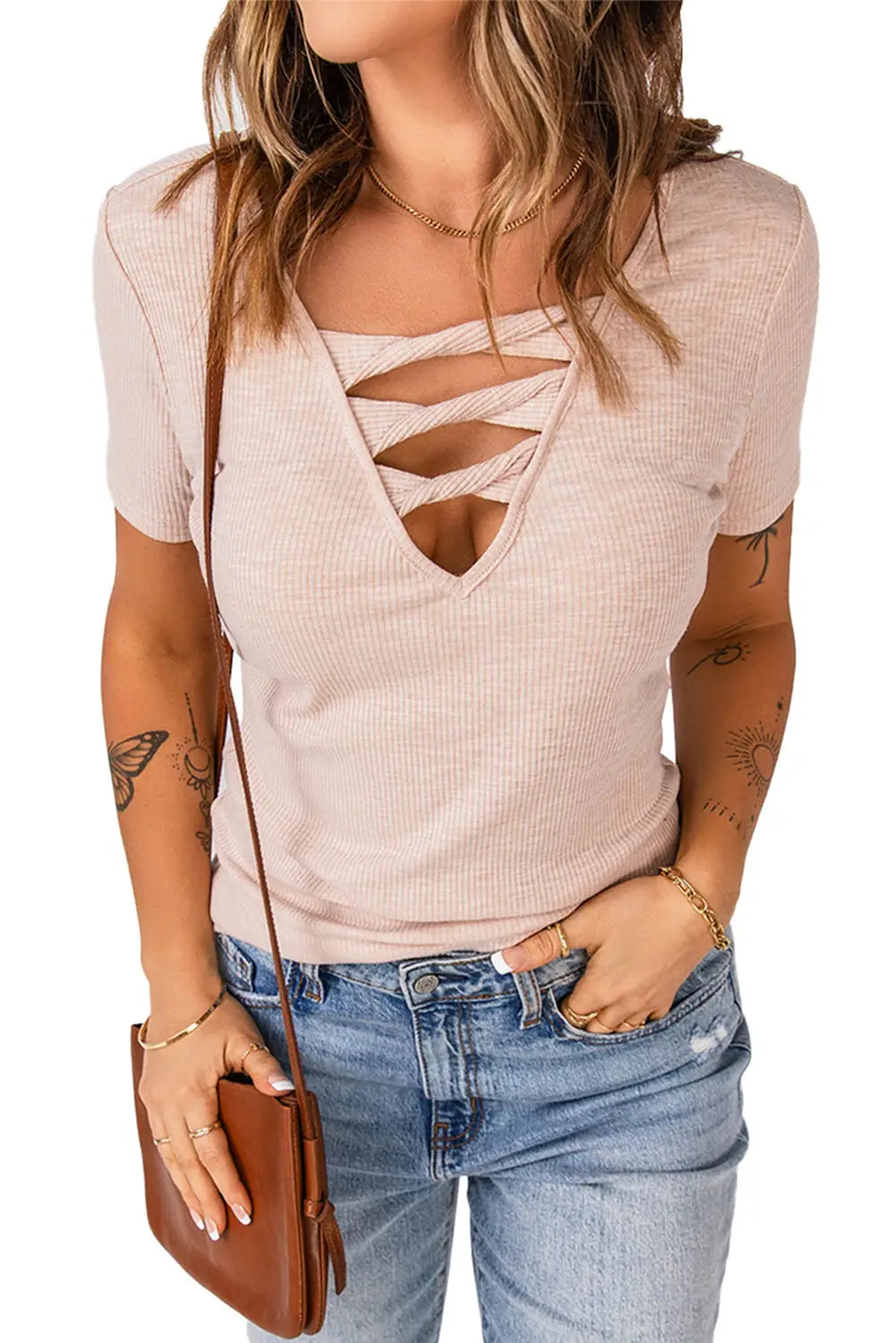 Apricot strappy hollow-out neck rib knit t shirt - tops