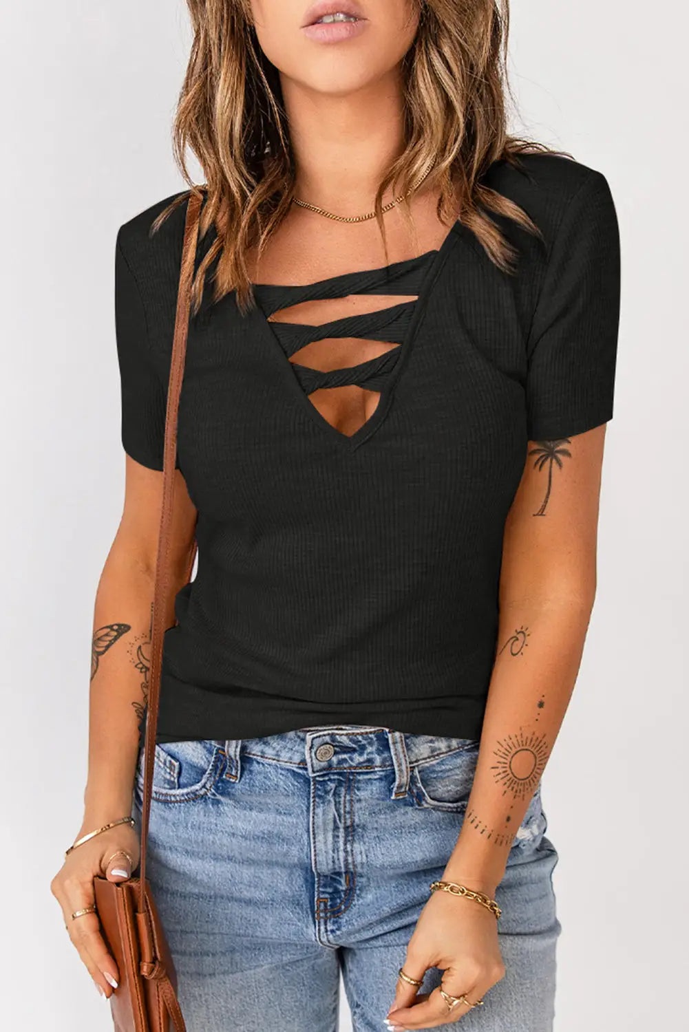 Apricot strappy hollow-out neck rib knit t shirt - tops