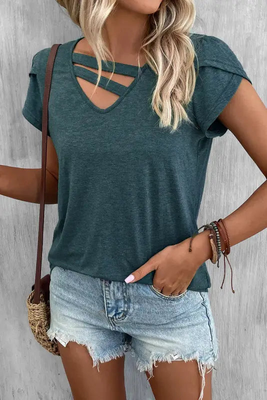 Apricot strappy v neck overlap short sleeve top - t-shirts