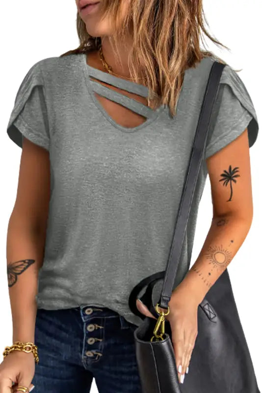 Apricot strappy v neck overlap short sleeve top - t-shirts