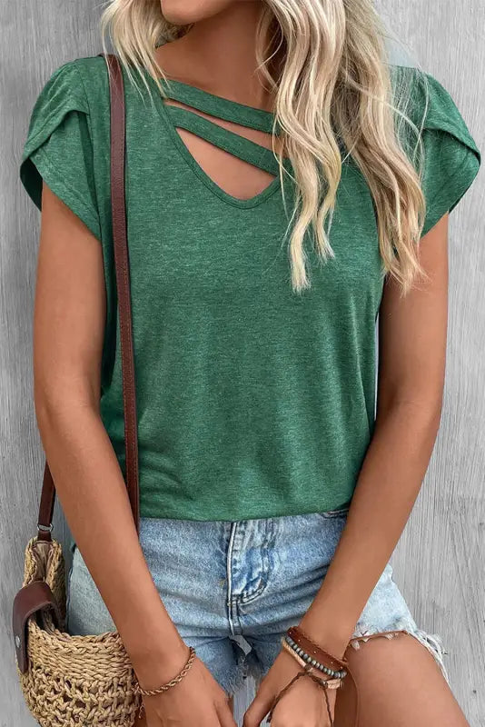 Apricot strappy v neck overlap short sleeve top - t-shirts