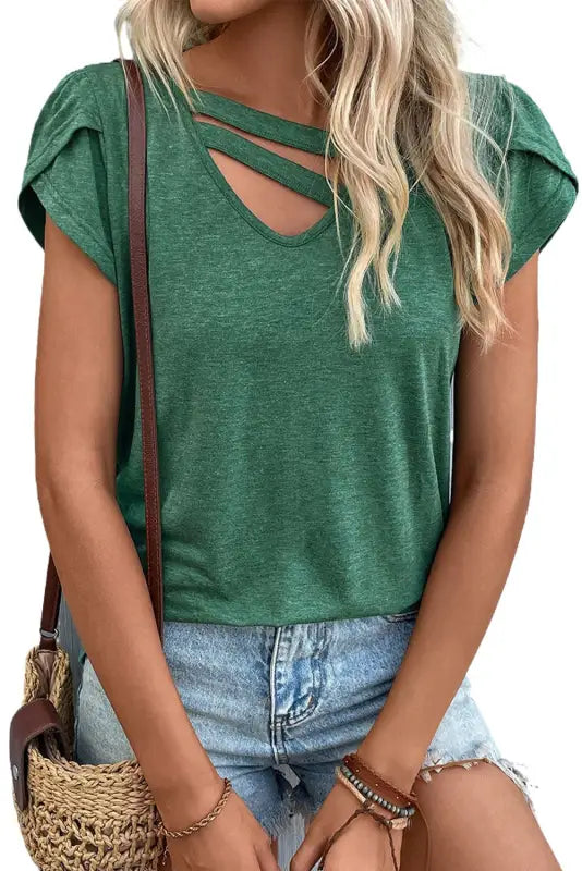 Apricot strappy v neck overlap short sleeve top - t-shirts