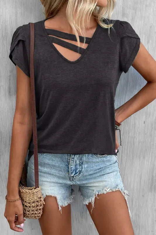 Apricot strappy v neck overlap short sleeve top - t-shirts