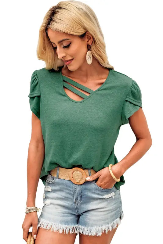 Apricot strappy v neck overlap short sleeve top - t-shirts