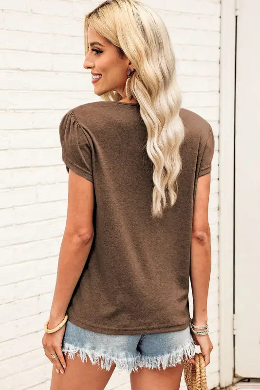 Apricot strappy v neck overlap short sleeve top - t-shirts