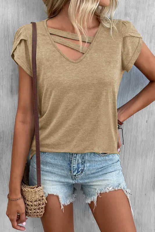 Apricot strappy v neck overlap short sleeve top - t-shirts