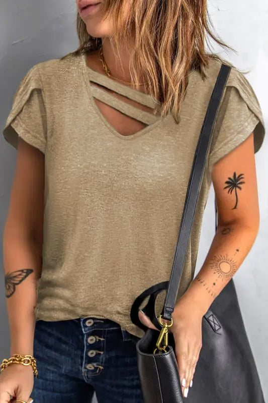 Apricot strappy v neck overlap short sleeve top - t-shirts