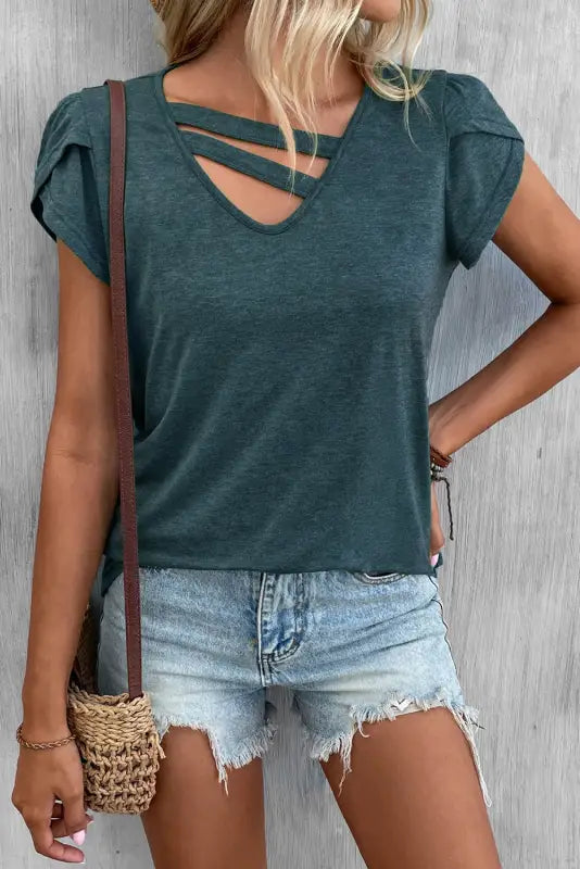 Apricot strappy v neck overlap short sleeve top - t-shirts