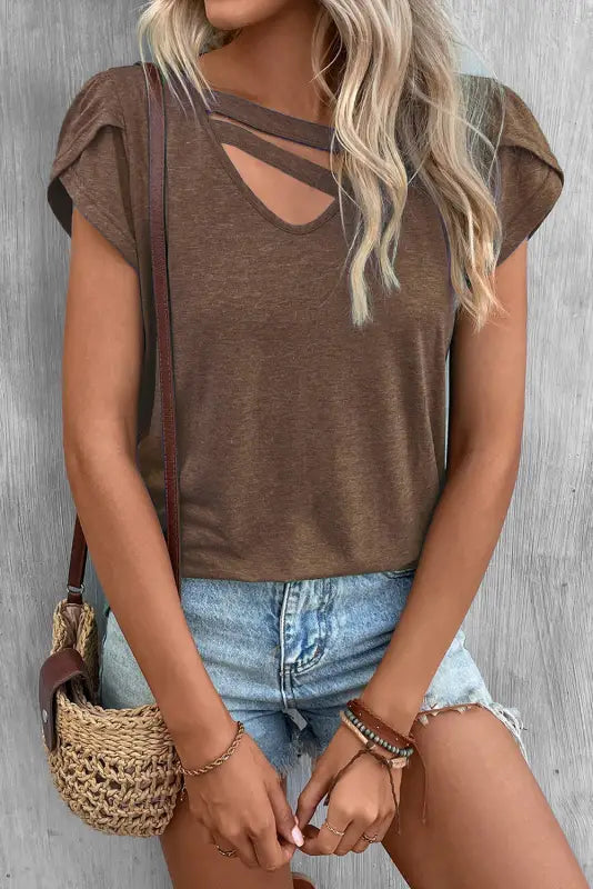 Apricot strappy v neck overlap short sleeve top - t-shirts