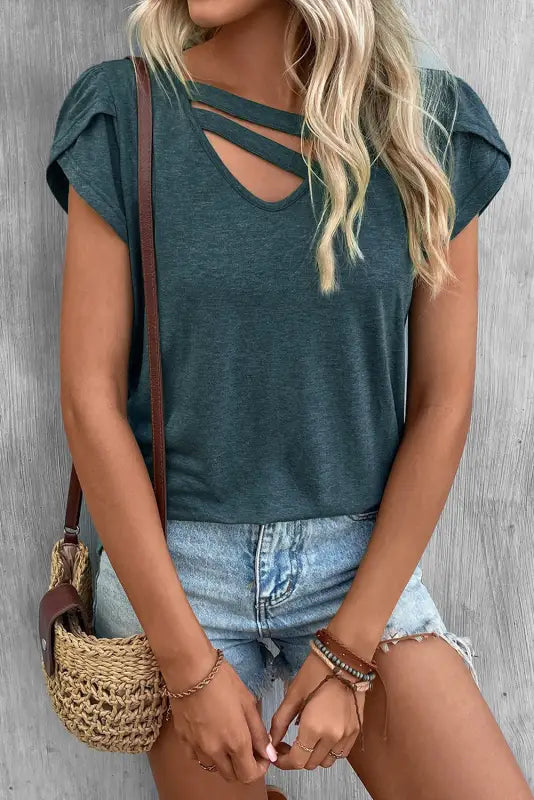 Apricot strappy v neck overlap short sleeve top - t-shirts