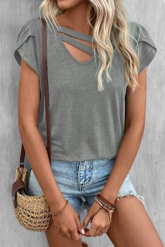 Apricot strappy v neck overlap short sleeve top - t-shirts