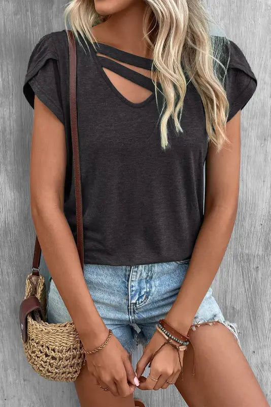 Apricot strappy v neck overlap short sleeve top - t-shirts