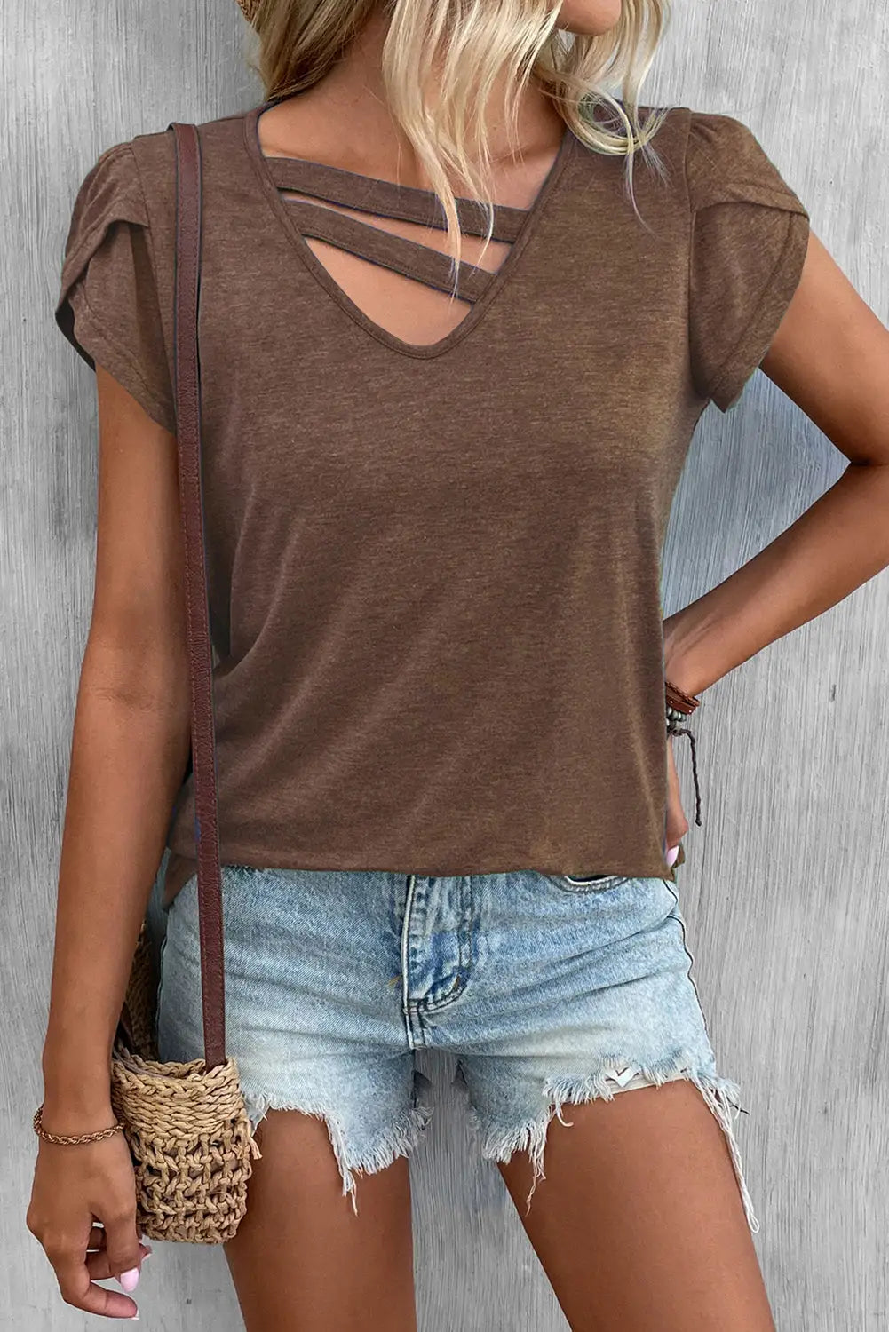 Apricot strappy v neck overlap short sleeve top - tops