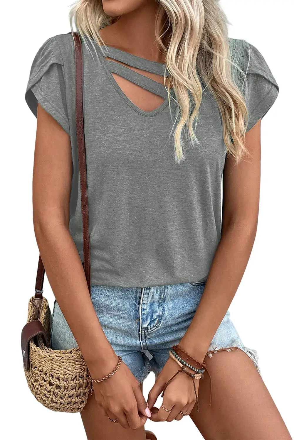 Apricot strappy v neck overlap short sleeve top - tops