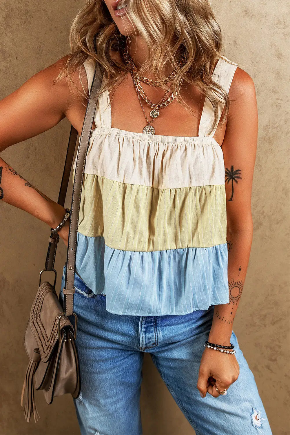 Apricot stripe color block tiered wide strap tank top - tops