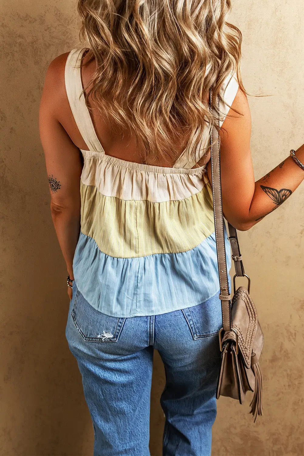 Apricot stripe color block tiered wide strap tank top - tops