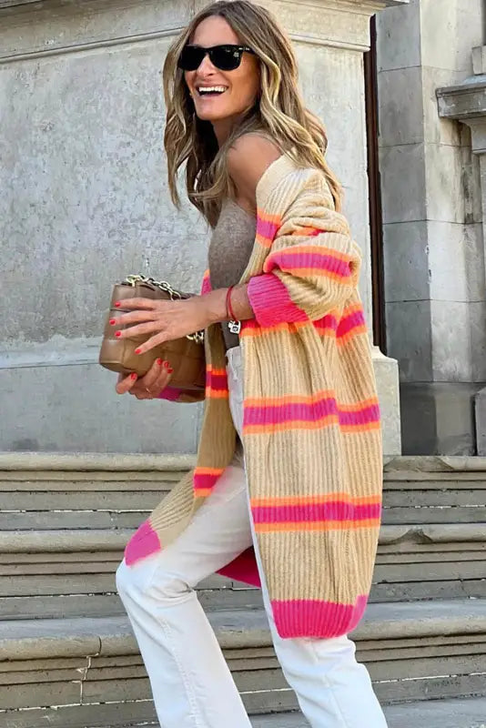 Apricot stripe knit cardigan - cardigans