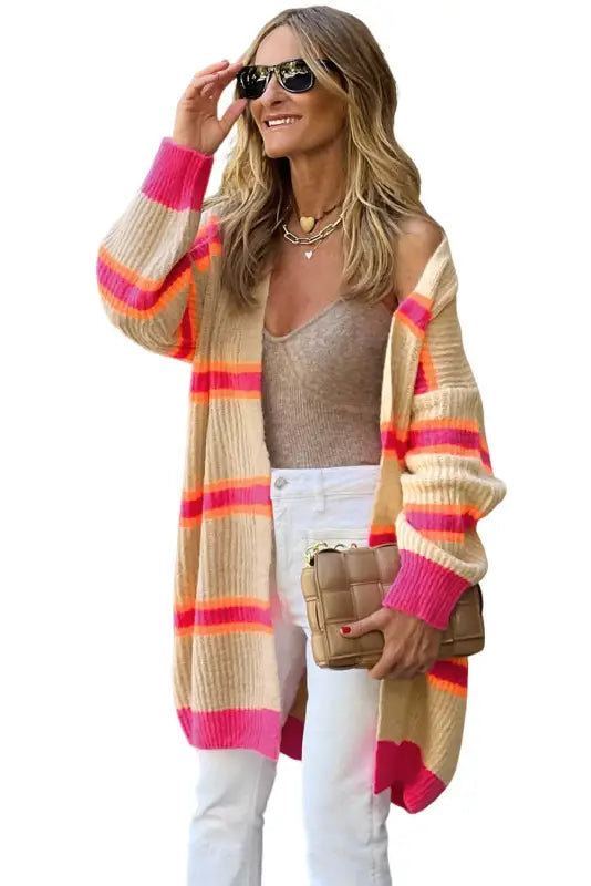 Apricot stripe knit cardigan - cardigans