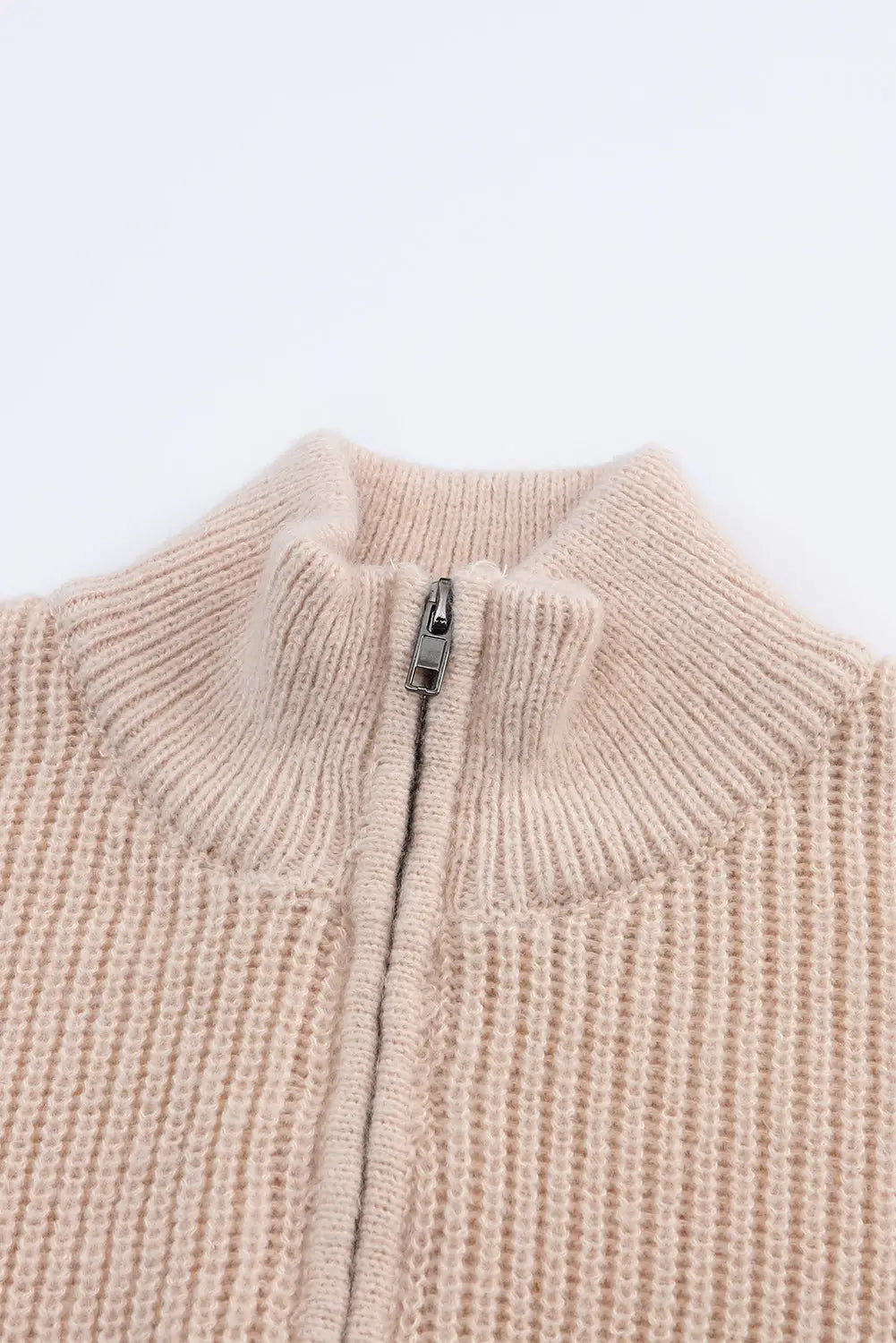 Apricot striped color block knit zip collared sweater - tops