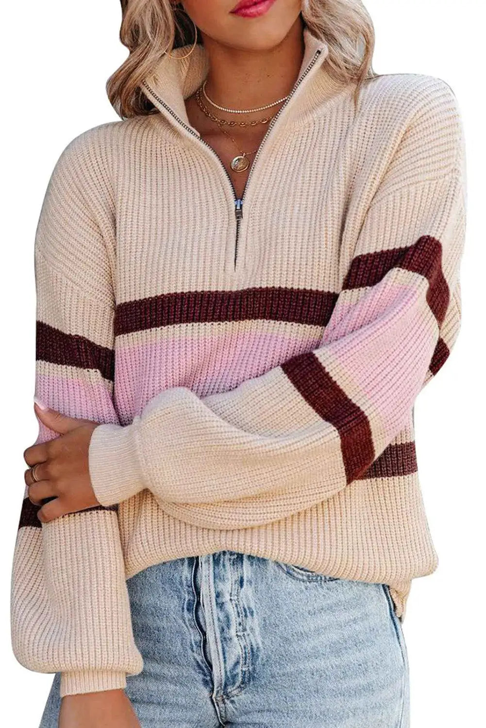 Apricot striped color block knit zip collared sweater - tops