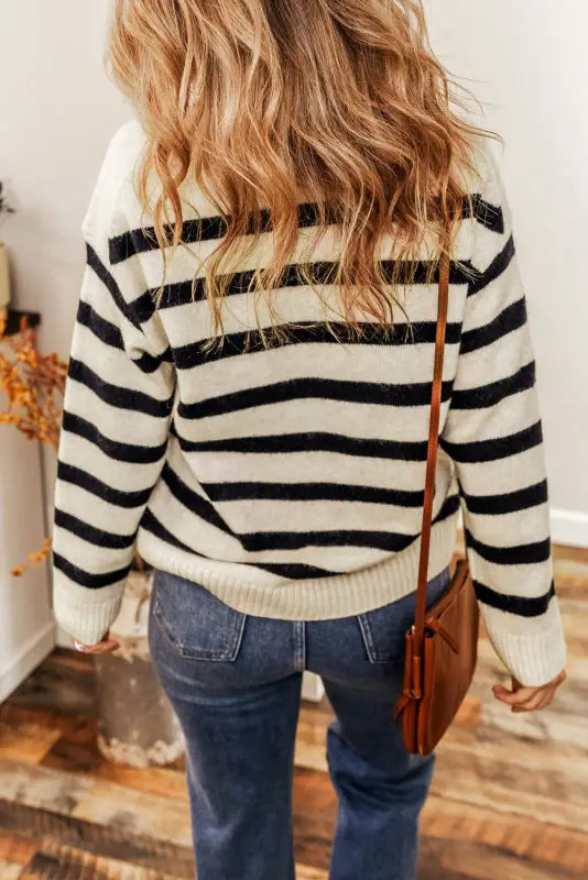 Apricot striped knit sweater - drop shoulder collared v-neck - sweaters