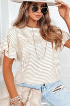 Apricot Striped Lace Splicing Ruffle Sleeve T-shirt - Fashionfitz
