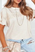 Apricot Striped Lace Splicing Ruffle Sleeve T-shirt - Fashionfitz