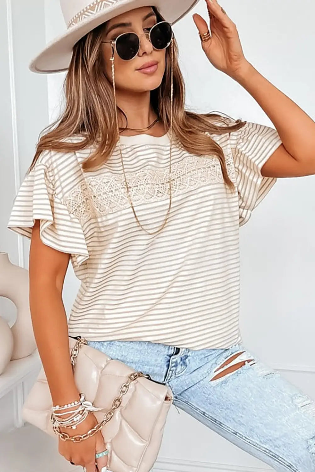 Apricot striped lace splicing ruffle sleeve t-shirt - tops