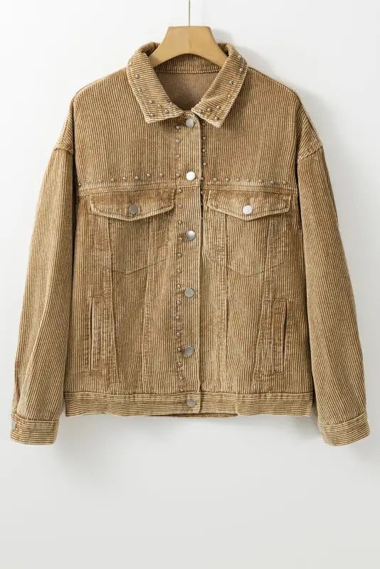 Apricot studded buttoned chest pockets corduroy jacket - outerwear