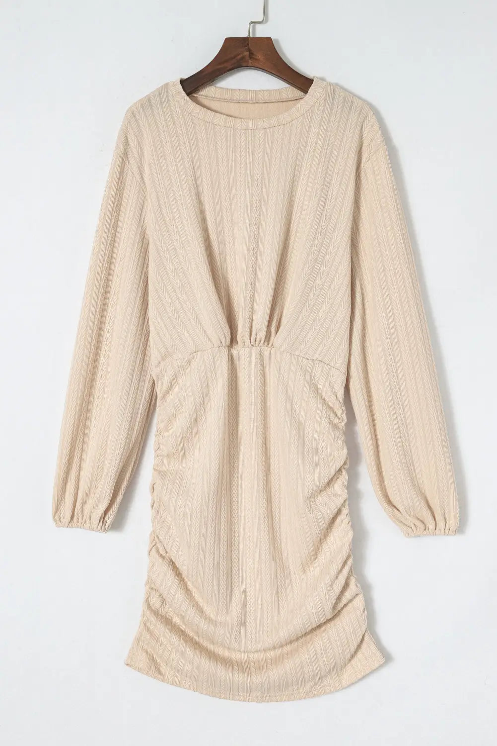 Apricot tactile texture ruched side bubble sleeve knit dress