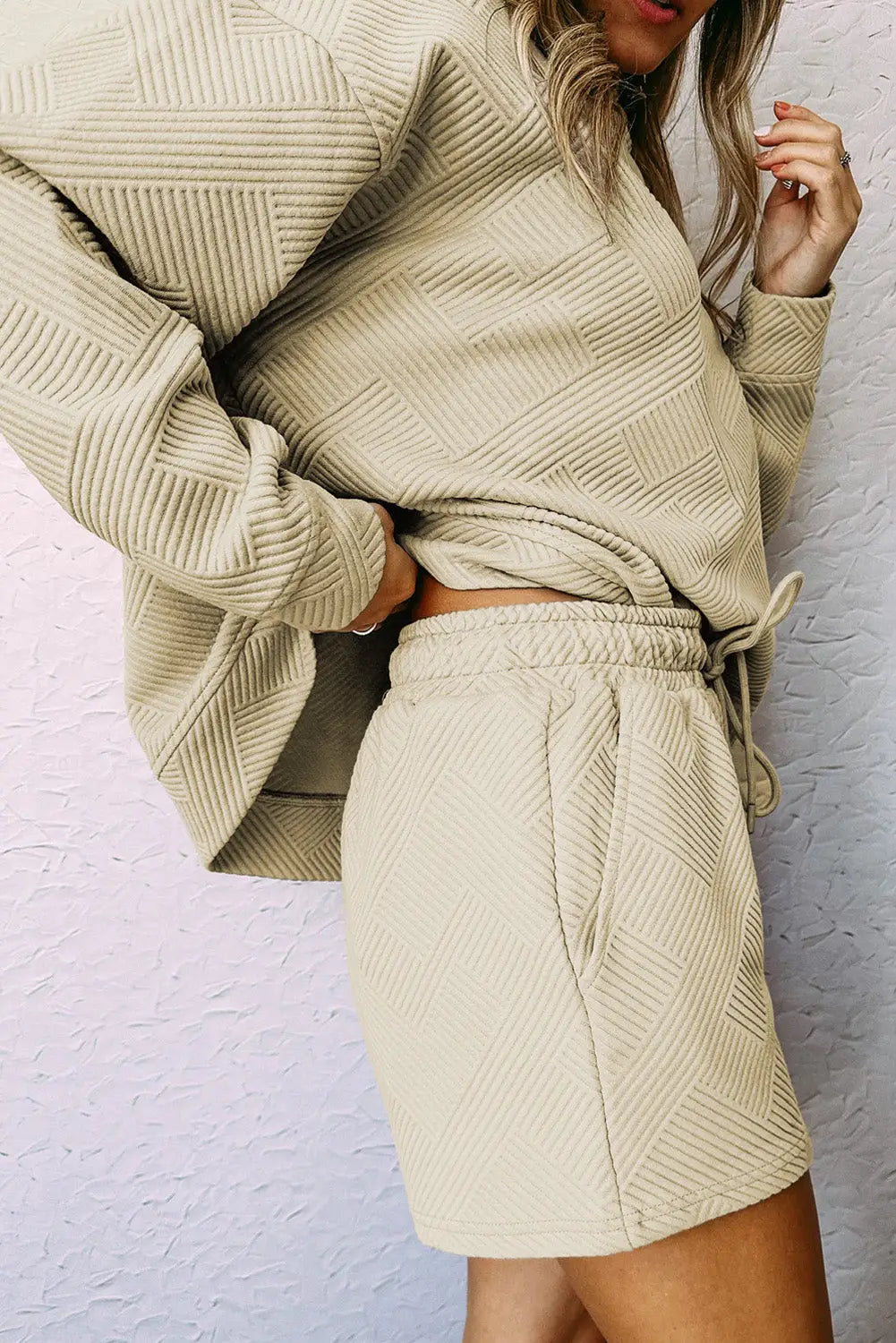 Apricot textured long sleeve top and drawstring shorts set - loungewear