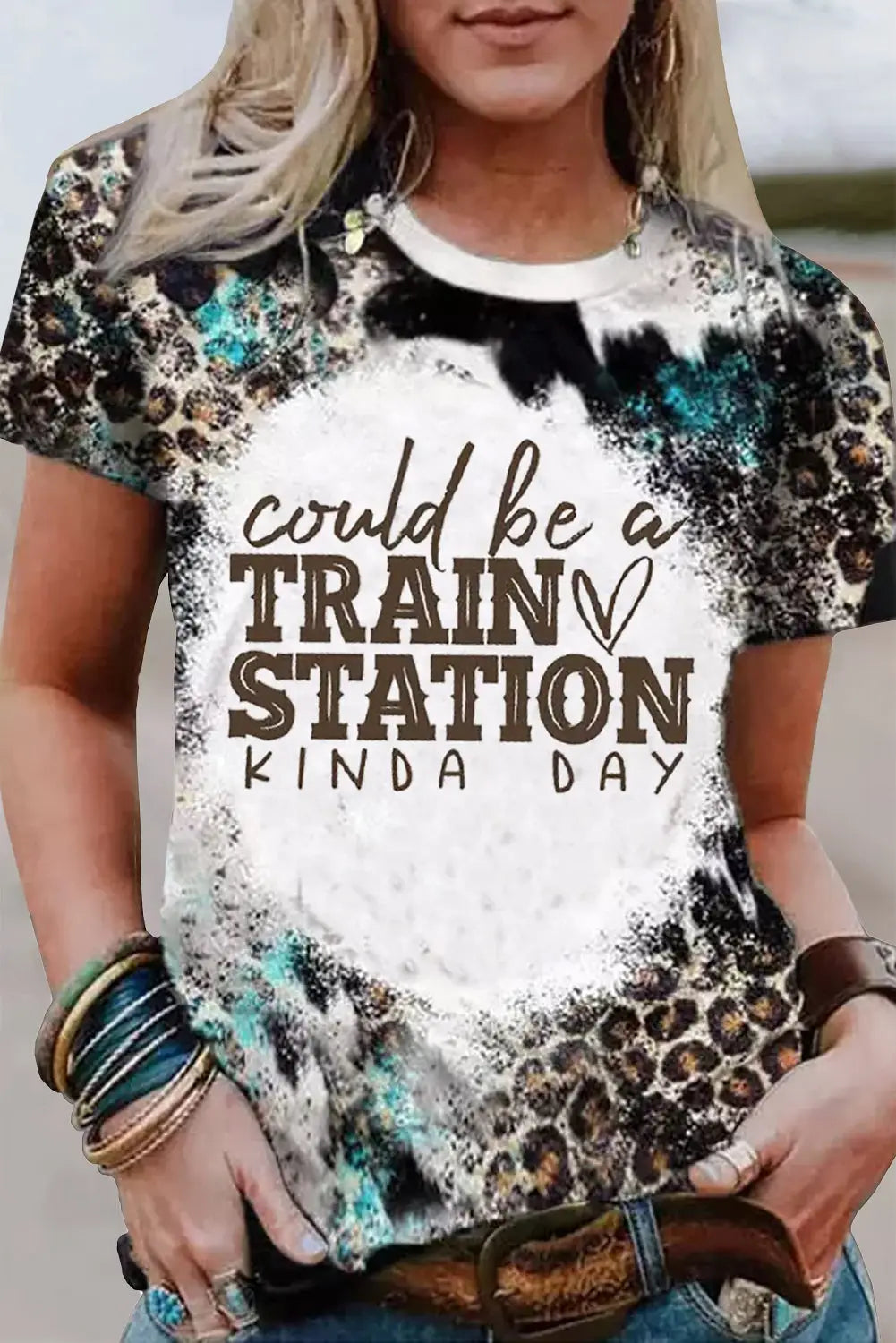 Apricot train station graphic leopard print t shirt - s /