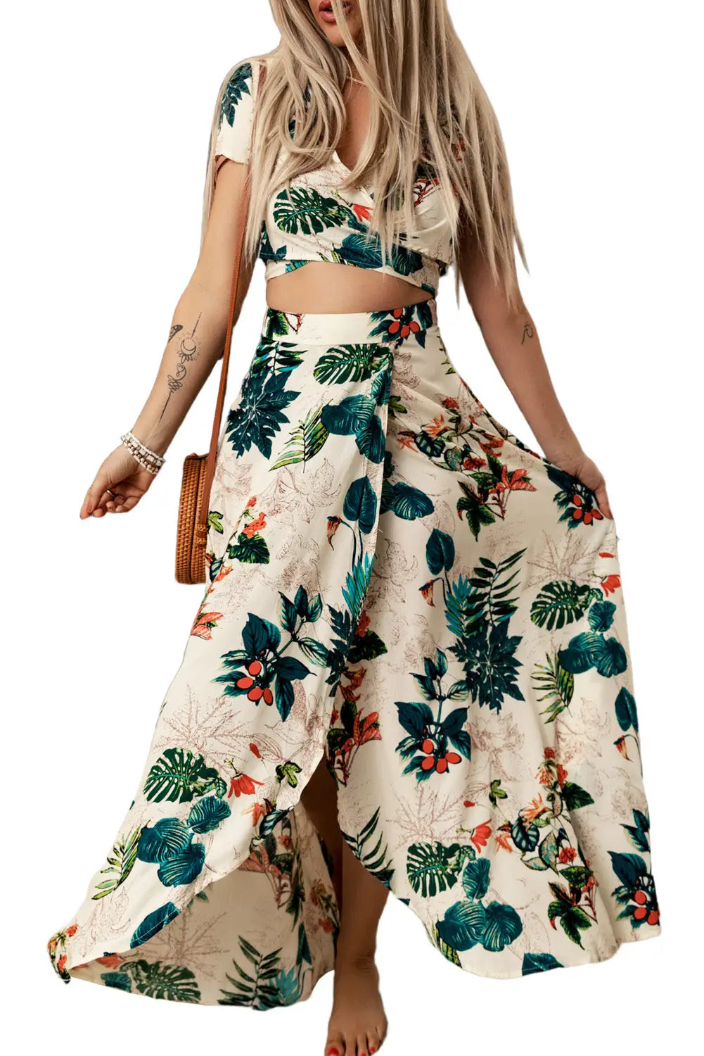 Apricot tropical print crop top and maxi skirt set - dresses