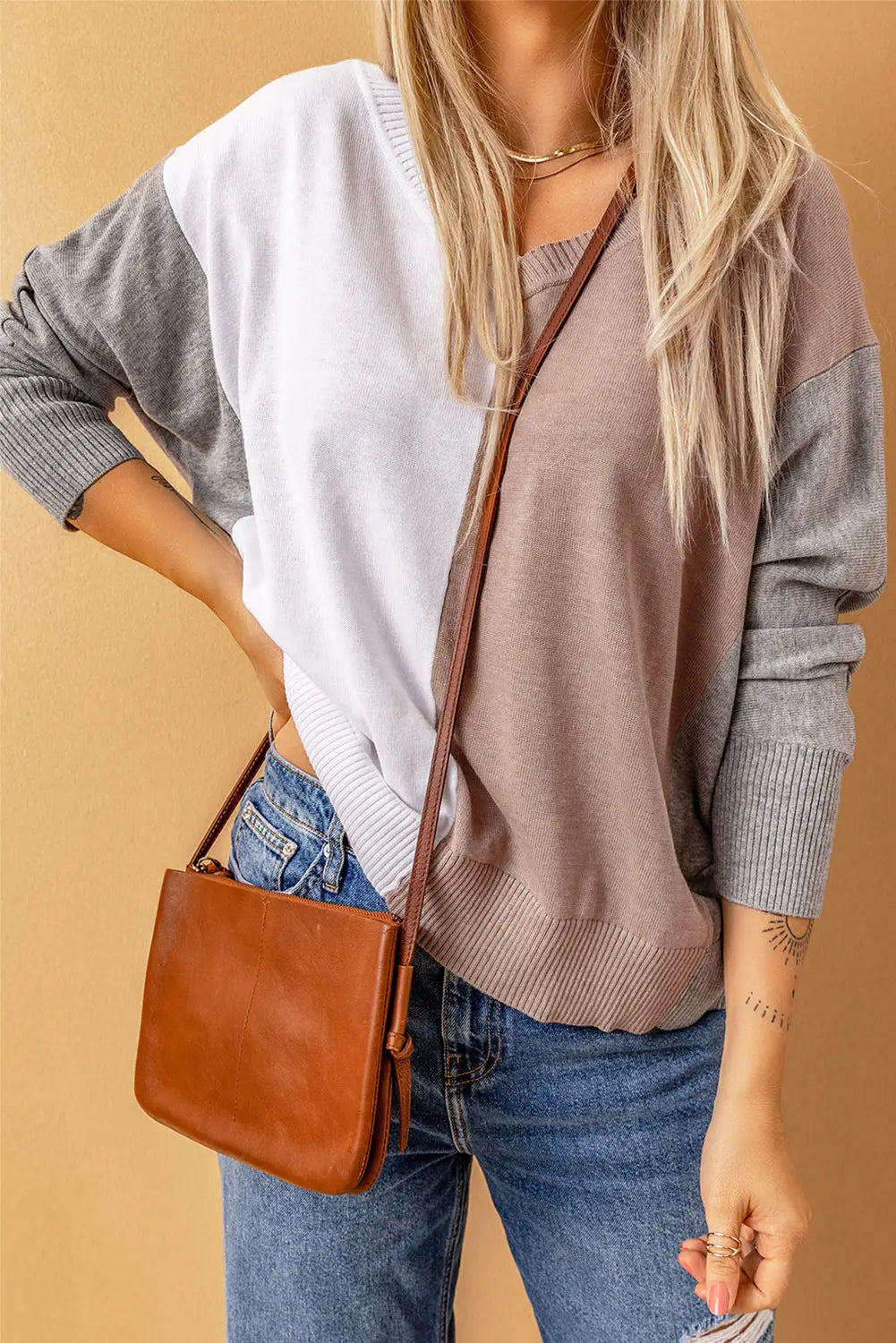 Apricot v-neck color block loose sweater - s /