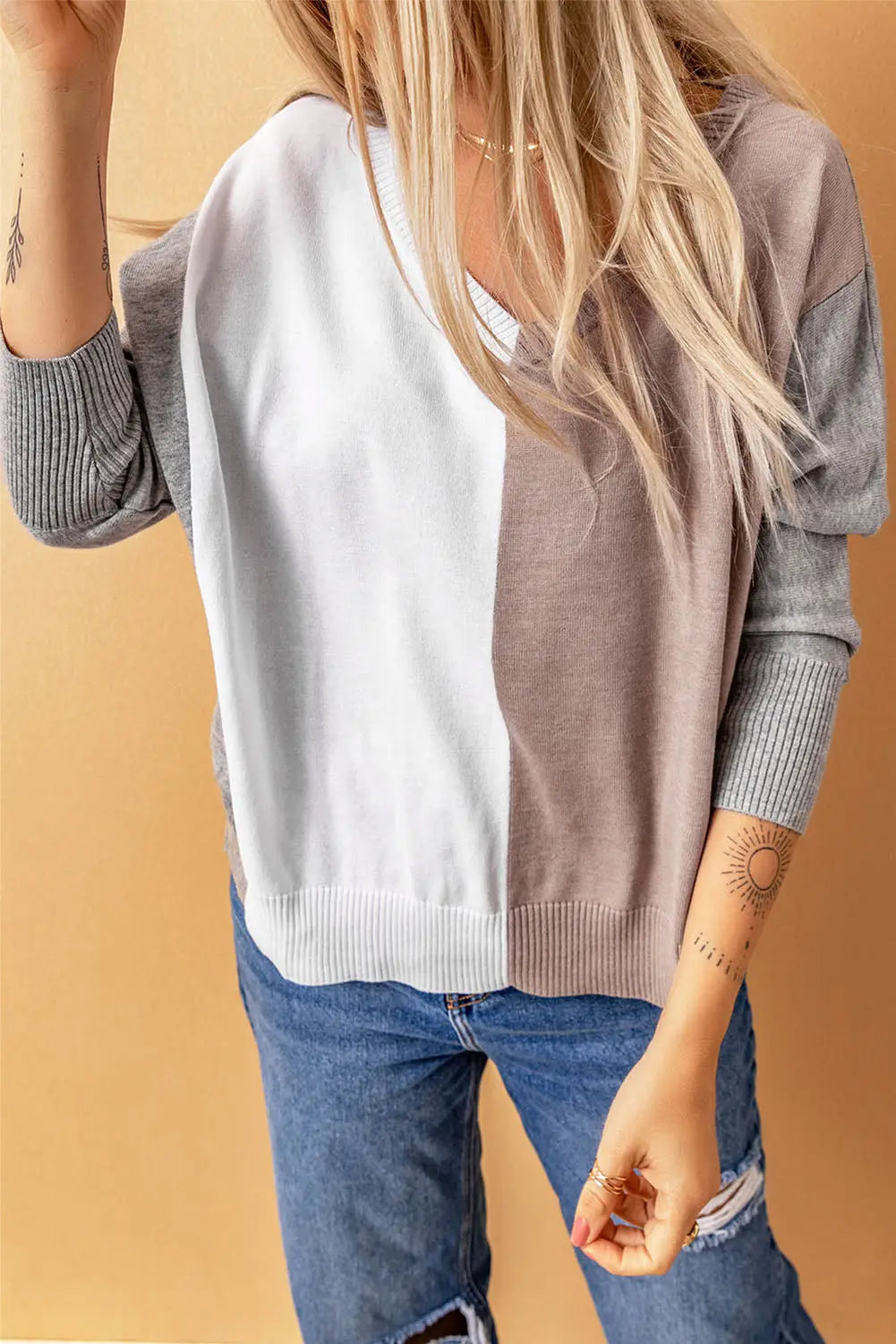 Apricot v-neck color block loose sweater - tops