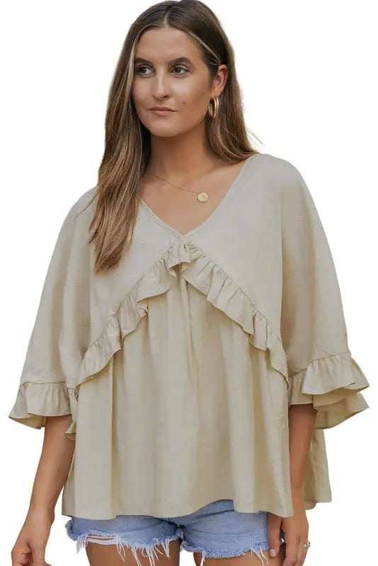 Apricot v neck draped batwing sleeve ruffle top - t-shirts