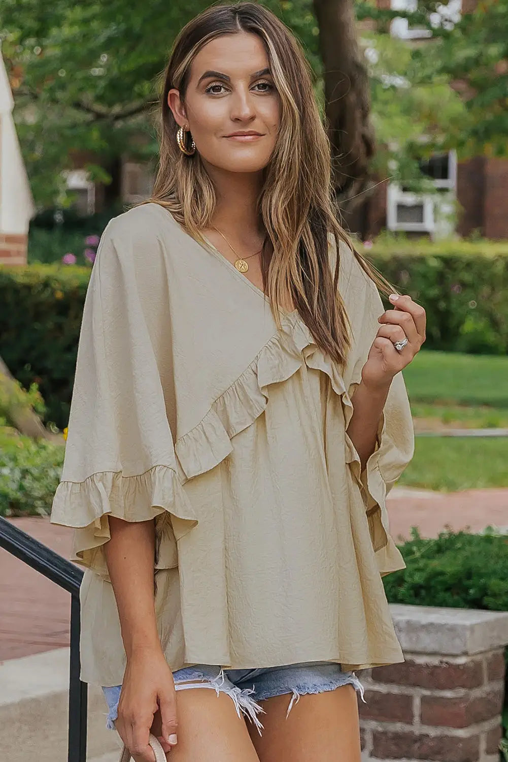 Apricot v neck draped batwing sleeve ruffle top - tops