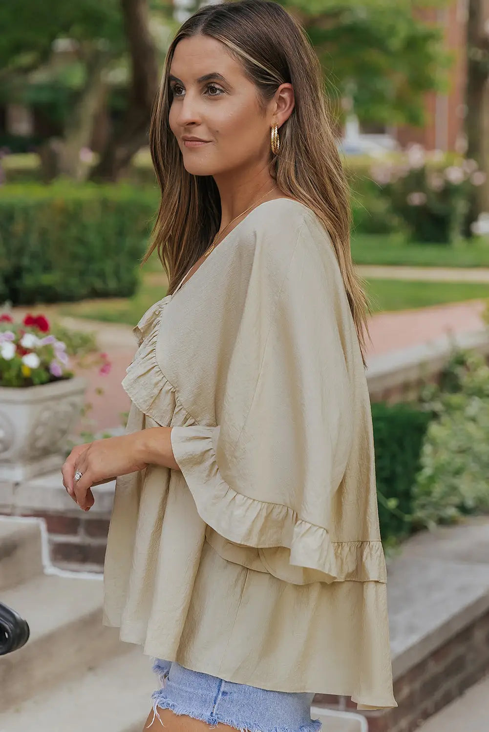 Apricot v neck draped batwing sleeve ruffle top - tops