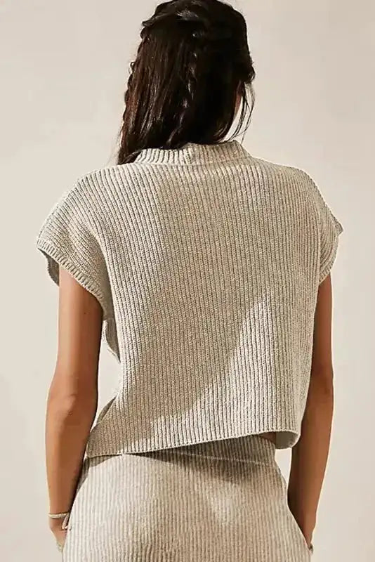 Apricot ribbed cap sleeve V-neck sweater back view — Fashionfitz UK