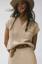 Apricot V-Neck Sweater - Ribbed Cap Sleeve - Fashionfitz